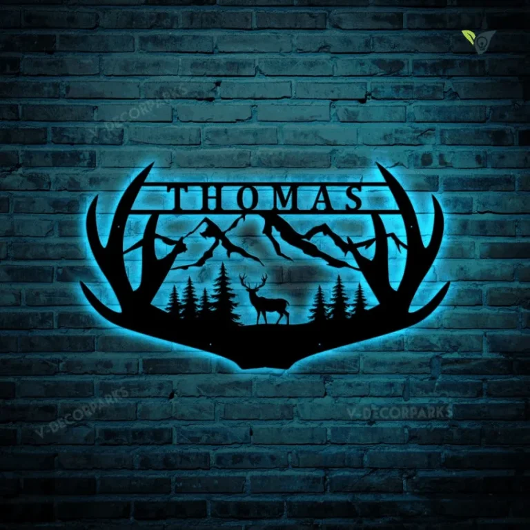 Personalized Family Name Deer Hunting Hunter Metal Sign With Led Lights Monogram, Custom Deer Antler Metal Sign For Living Room