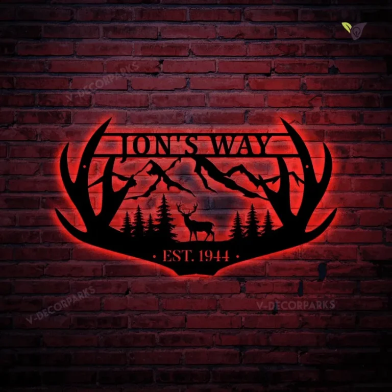 Personalized Family Name Deer Hunting Hunter Metal Sign With Led Lights Monogram, Custom Deer Antler Metal Sign For Living Room