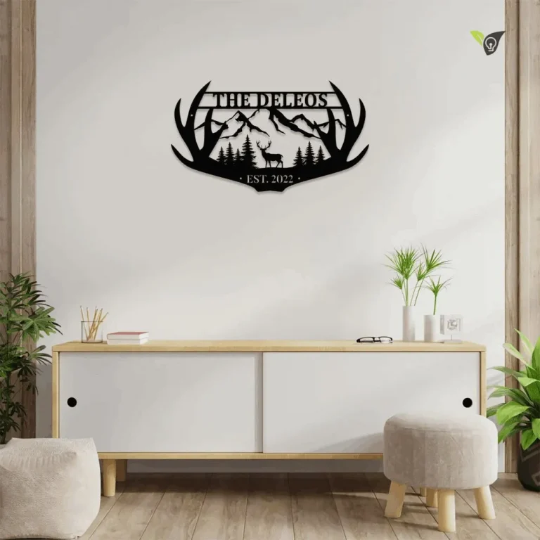 Personalized Family Name Deer Hunting Hunter Metal Sign With Led Lights Monogram, Custom Deer Antler Metal Sign For Living Room