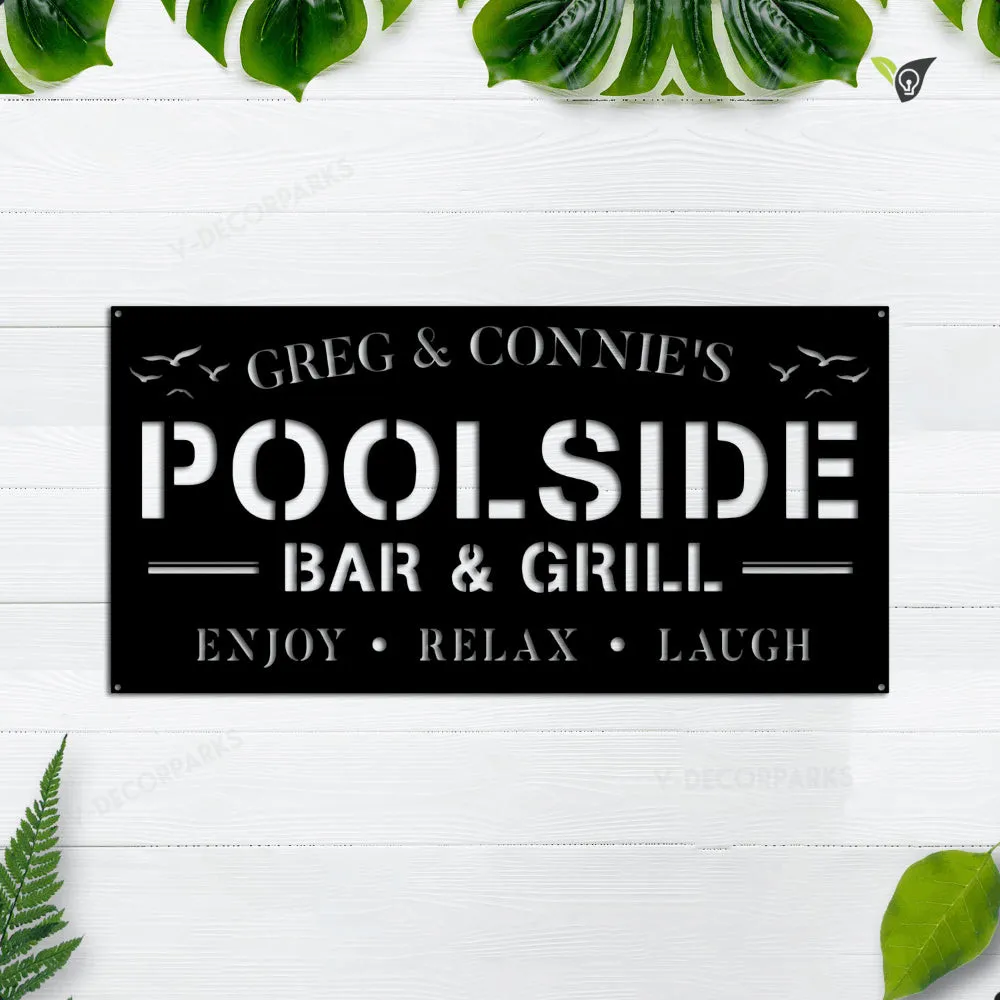 GCMSPDZ8314-18ch_text.webp Personalized Pool Bar Grill Metal Sign Monogram, Custom Pool Sign, Metal Pool Bar & Grill Sign