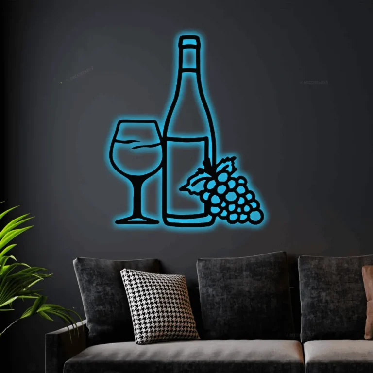 Glass Wine Bottle Grape Wall Art Metal With Led Lights, Bar Sign Home Decor, Many Size And Color