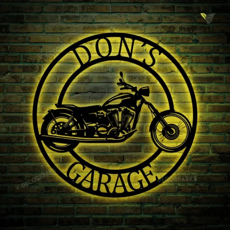 Custom Motorcycle Garage Metal Art With Led Light, Workshop Steel Wall Decor