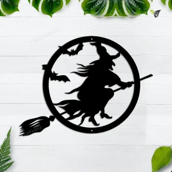Halloween Witch Riding Broom Custom Metal Sign, Metal Art Wall Hanging, Housewarming Gift