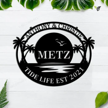 Personalized Metal Name Beach Sign, Custom Metal Palm Tree Sign, Beach House Sign For Outdoor Garden Home Patio Outdoor Beach Metal Gift