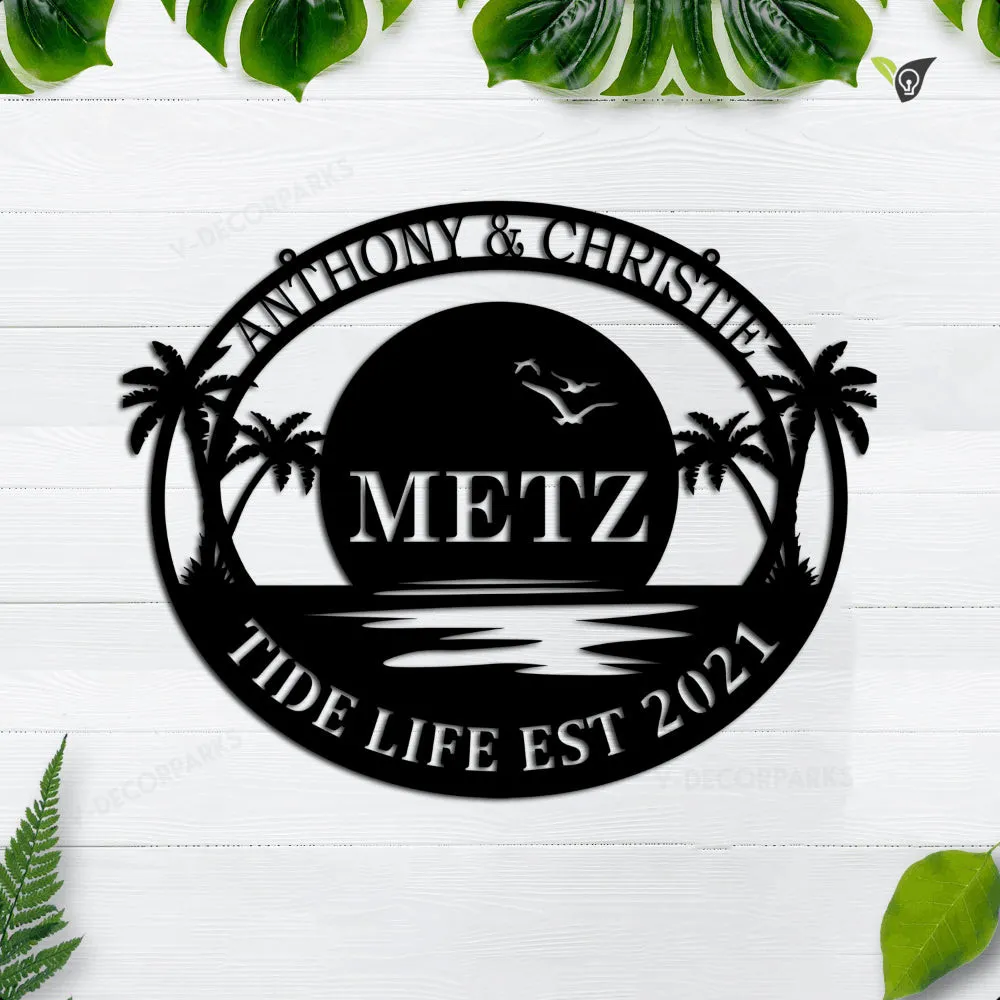 GPA6819827089592-24in-10960.webp Personalized Metal Name Beach Sign, Custom Metal Palm Tree Sign, Beach House Sign For Outdoor Garden Home Patio Outdoor Beach Metal Gift