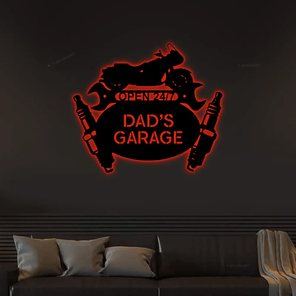 Garage Owner Sign Cruiser Mechanic Motorcycle Led Lights, Monogram Workshop Personalized Steel Sign, Home Wall Art Decor Gift For Dad