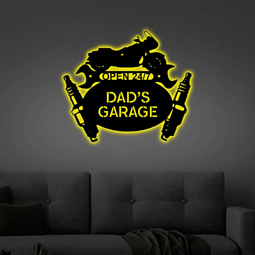 Garage Owner Sign Cruiser Mechanic Motorcycle Led Lights, Monogram Workshop Personalized Steel Sign, Home Wall Art Decor Gift For Dad