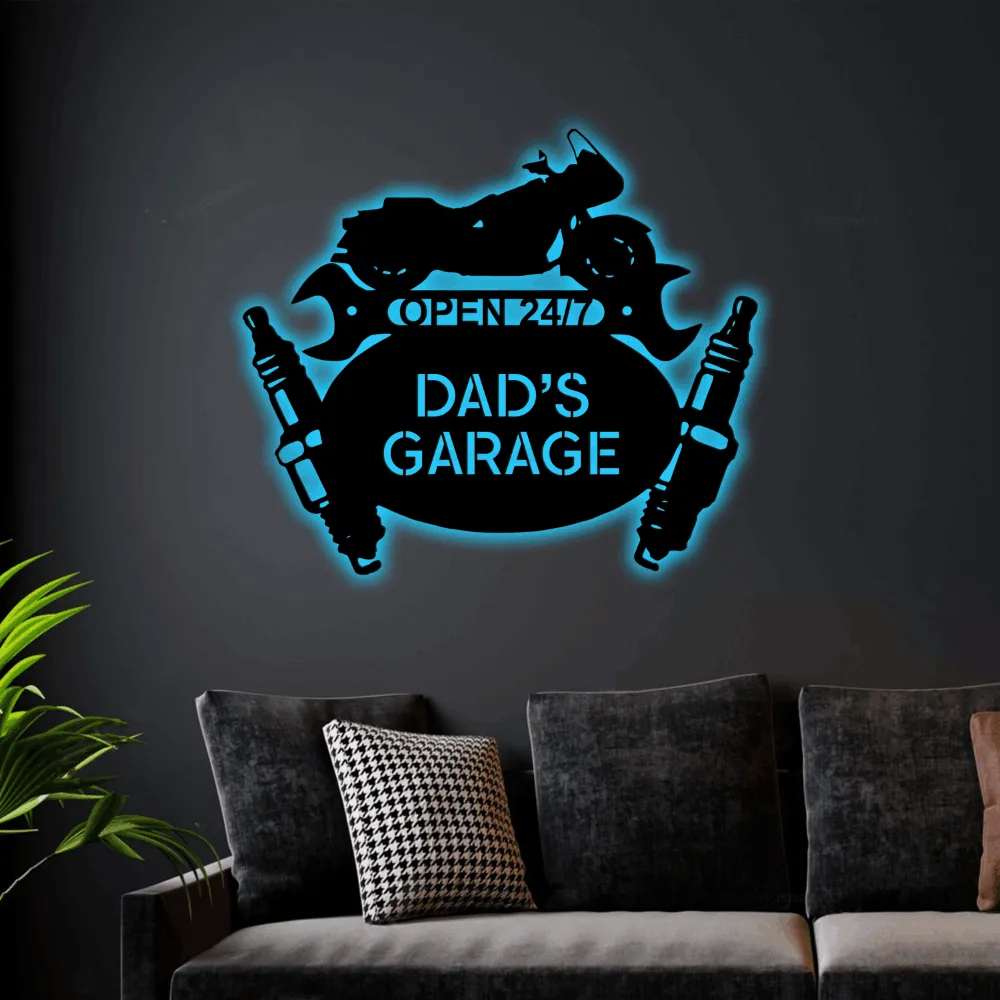 Garage Owner Sign Cruiser Mechanic Motorcycle Led Lights, Monogram Workshop Personalized Steel Sign, Home Wall Art Decor Gift For Dad
