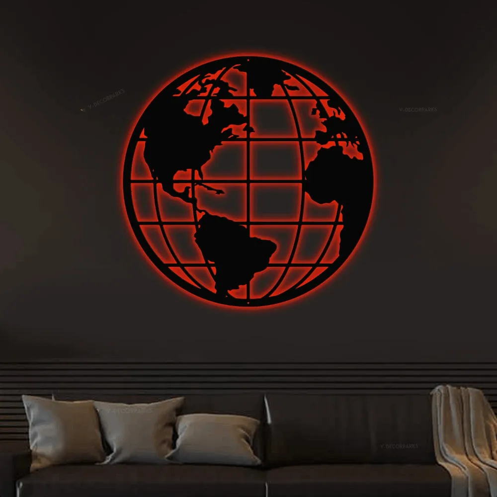 Globe Metal Art With Led Lights, Globe Wall Hanging, Earth Metal Sign, World Map Metal Art, Office Decor, Metal Home Decor, Globe Gift