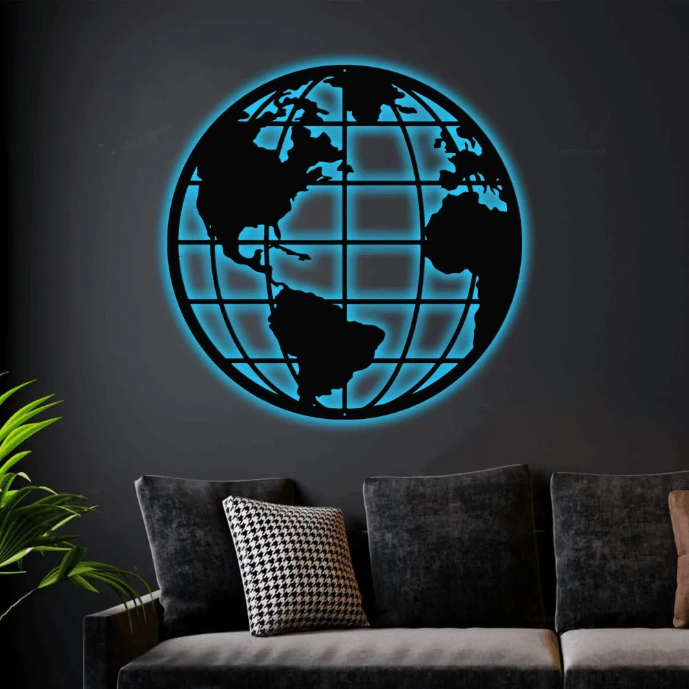 Globe Metal Art With Led Lights, Globe Wall Hanging, Earth Metal Sign, World Map Metal Art, Office Decor, Metal Home Decor, Globe Gift