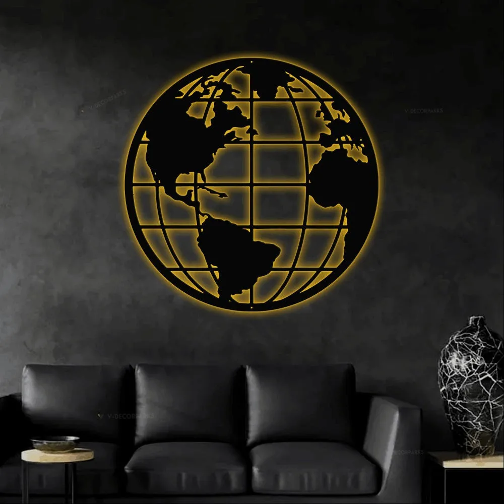 Globe Metal Art With Led Lights, Globe Wall Hanging, Earth Metal Sign, World Map Metal Art, Office Decor, Metal Home Decor, Globe Gift