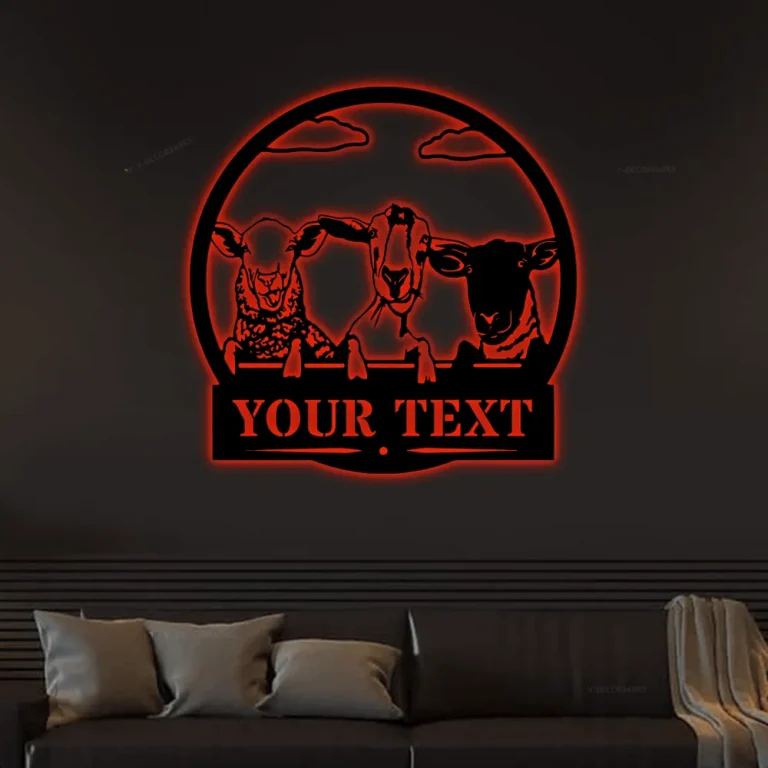 Goat Sheep Custom On A Fence - Metal Goats Sign With Led Lights, Farm Decor, Goats On A Fence, Goat Farm, Personalized Metal Sign
