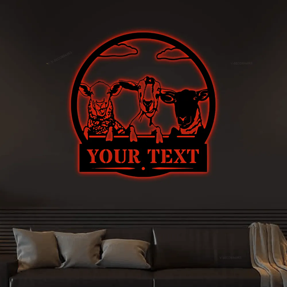 Goat Sheep Custom On A Fence - Metal Goats Sign With Led Lights, Farm Decor, Goats On A Fence, Goat Farm, Personalized Metal Sign