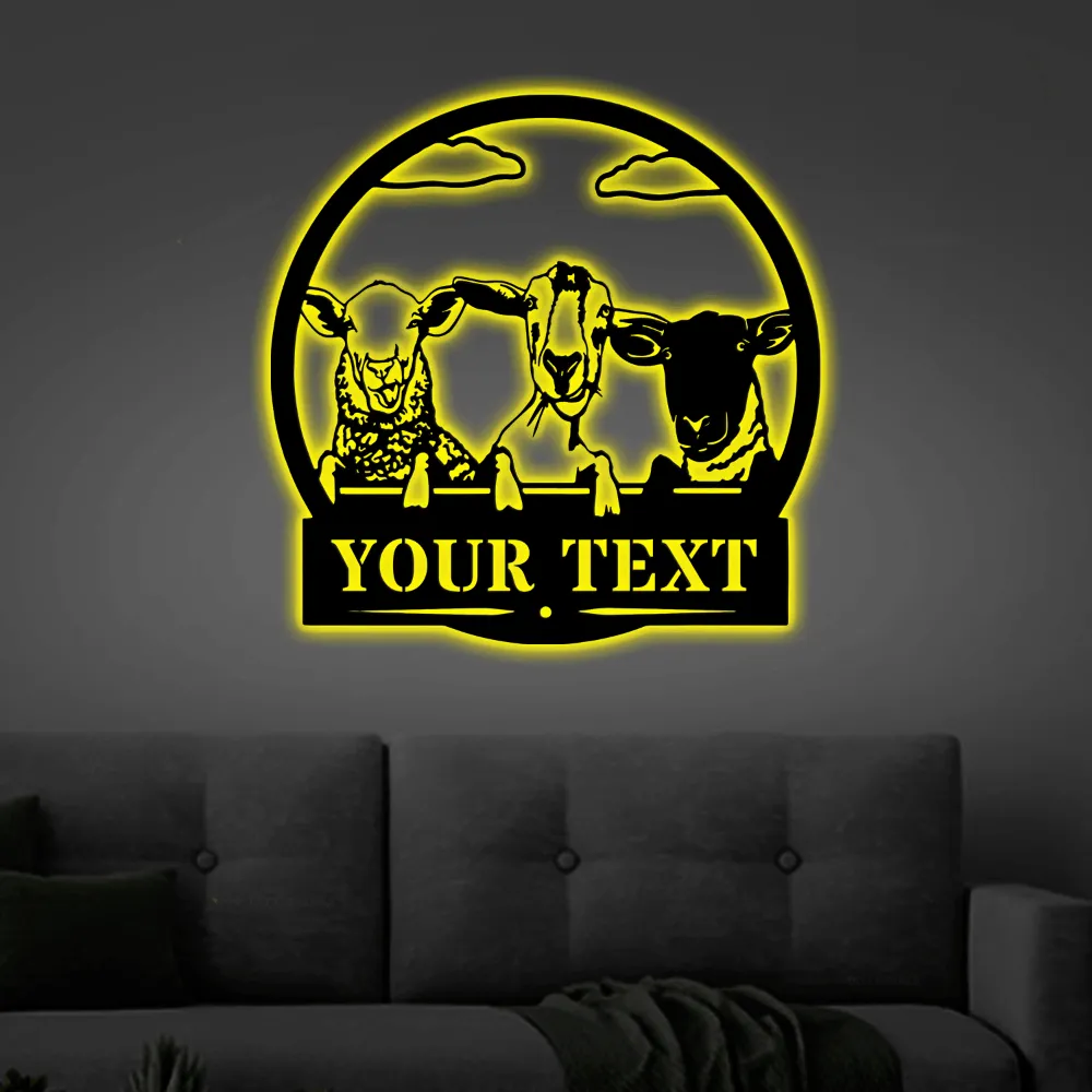 Goat Sheep Custom On A Fence - Metal Goats Sign With Led Lights, Farm Decor, Goats On A Fence, Goat Farm, Personalized Metal Sign