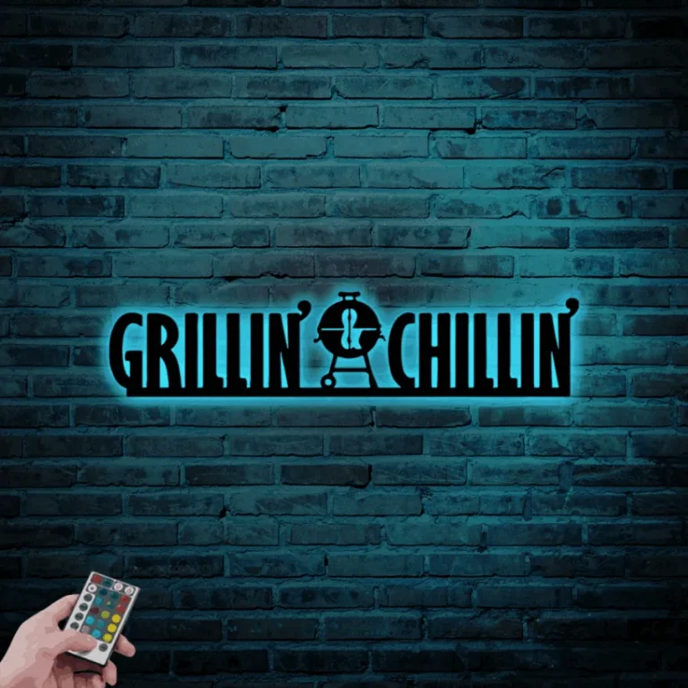 Grillin And Chillin Sign With Led Lights, Grilling Dad Decor, Grill Lover Gift, Bbq Metal Sign Decor, Dads Grill Sign Metal Wall Art Patio Bbq Sign