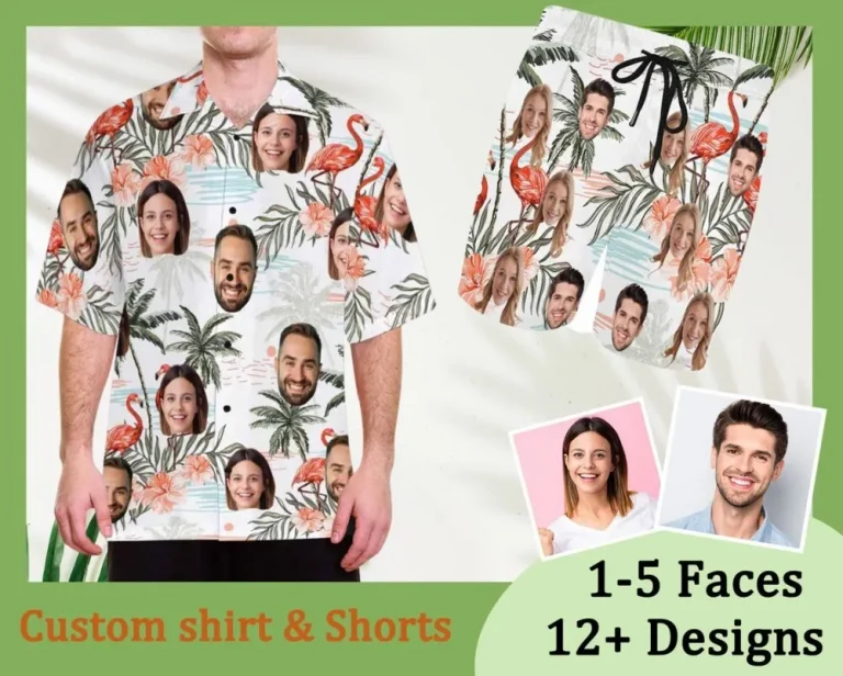 Custom Tropical Leaves Face Hawaiian Shirt, Personalized Man Swim Shorts, Custom Hawaiian Shirts For Man, Custom Shirt Swim Trunks