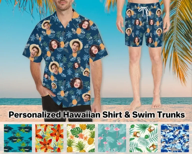 Personalized Hawaiian Shirt & Mens Bathing Suit With Face, Custom Photo Short Sleeve Shirts And Shorts For Boyfriend, Bachelor Party Gift