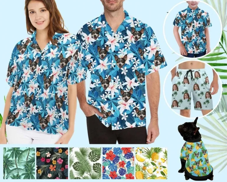 Custom Hwaiian Flower Shirts With Face For Men, Personalized Men Women Kid Dog Hawaii Shirt, Custom Hawaiian Button Shirt, Family Hawaii Set