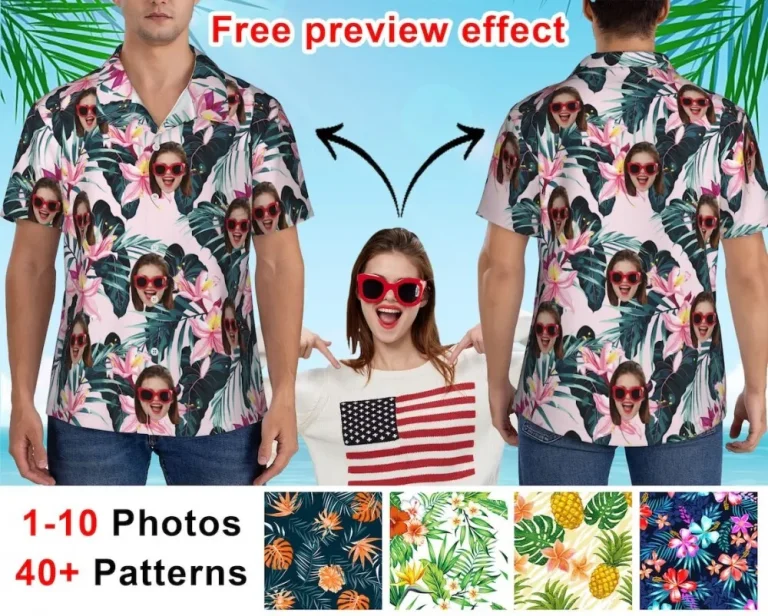 Custom Hawaiian Shirts With Face Photo Logo, Tropical Pattern Shirt For Men Women, Personalized Photo Hawaiian Shirt, Short Sleeve Shirts