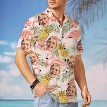 Flamingo Floral Watercolor Hawaiian Shirt, Personalized Men's Button-down Shirt, Bachelorette Party Shirt, Printing Face On Shirt