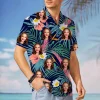 Hawaiian Button Down Shirt, Personalized Tropical Floral Printed Custom Face Men's V-neck Shirt, Casual Shirtsleeves Shirts For Anniversary