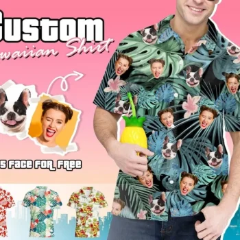 Unisex Personalized Photo Hawaiian Shirt For Summer, Custom Hawaiian Shirt With Pet Face, Short Sleeve Flower Print Shirts, Tropical Shirt