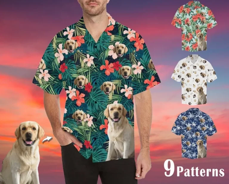 Custom Dog/cat Face Hawaiian Shirt Personalize Photo Leaves/flower/dog Paw Pattern Boyfriend/husband/pet Lover Birthday Valentine Gift