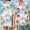 Personalized Custom Flamingo Couples Hawaiian Casual Short-sleeved Shirt, Summer Seaside Beach Breathable Button-down Shirt, Shirt With Face