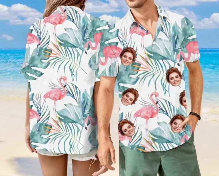 Personalized Custom Flamingo Couples Hawaiian Casual Short-sleeved Shirt, Summer Seaside Beach Breathable Button-down Shirt, Shirt With Face