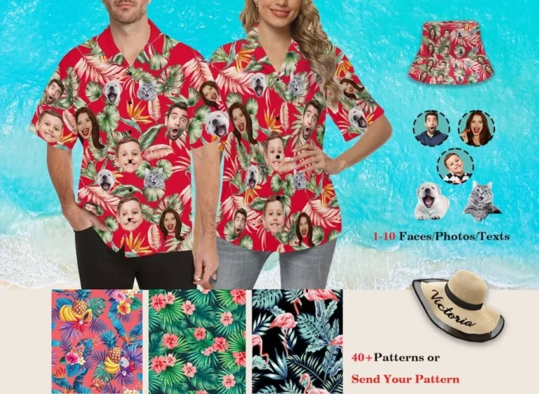 Custom Face Hawaiian Shirt Personalized Photo Text Tshirt Custom Background Pattern Shirt Bachelor Party Shirt Vacation Trip Father Day Gift