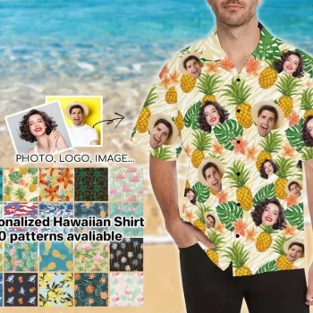 Personalized Photo Hawaiian Shirt, Custom Face Short Sleeve Shirts, Tropical Pineapple Flamingo Shirt For Men, Birthday Shirt Gift