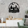Happyy Holidays Baby Reindeer And Chirstmas Trees Cut Metal Sign, Xmas Wall Hanging Decor, Metal Artwork For Christmas Holiday