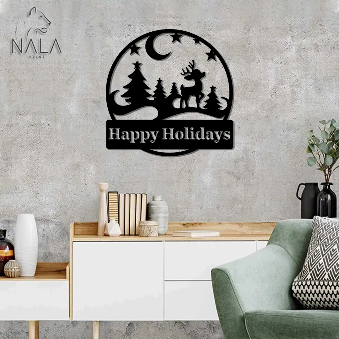 Happyy-Holidays2_dcbffb0c-42ae-4a7c-bdae-daa729737d0b.webp Happyy Holidays Baby Reindeer And Chirstmas Trees Cut Metal Sign, Xmas Wall Hanging Decor, Metal Artwork For Christmas Holiday