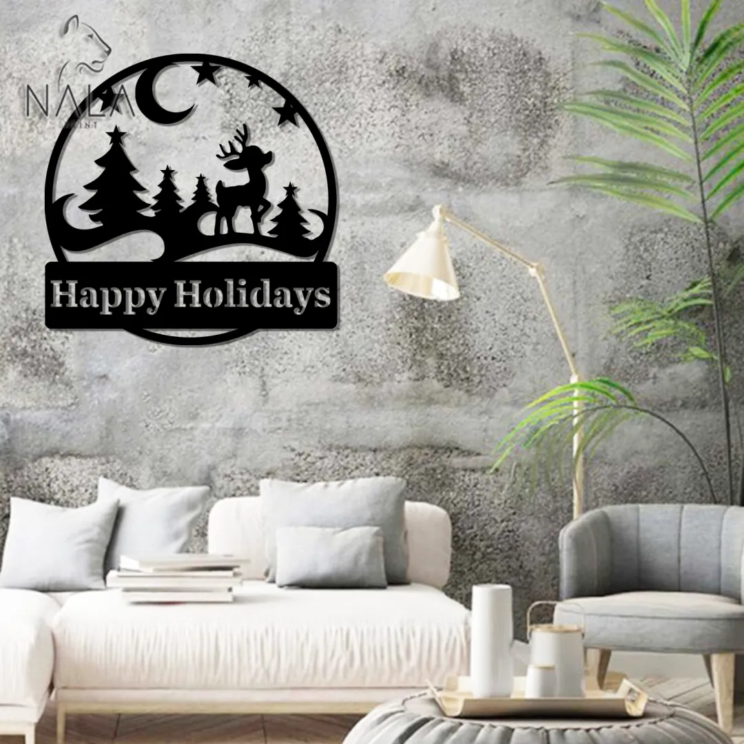 Happyy-Holidays3_058ff437-a849-4b7b-9dd8-03f0c83da21a.webp Happyy Holidays Baby Reindeer And Chirstmas Trees Cut Metal Sign, Xmas Wall Hanging Decor, Metal Artwork For Christmas Holiday