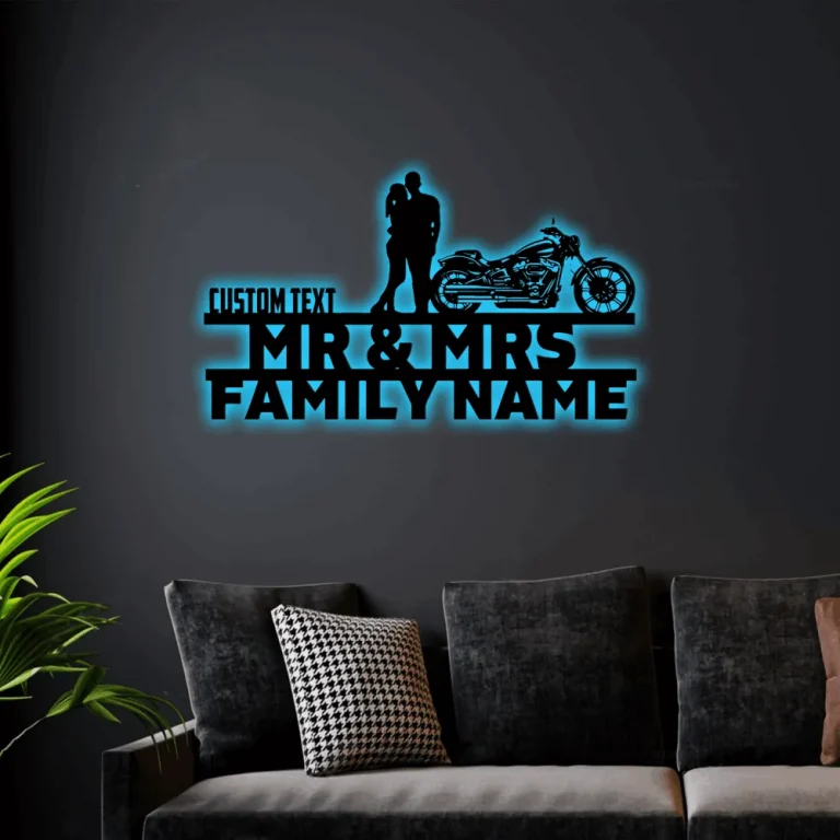 Custom Biker Couple Metal Sign With Led Lights Sign Established Biker Anniversary Gift Home Decor Personalized Wedding Sign Family Name Biker Set 12