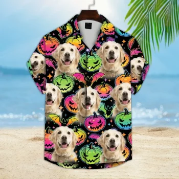 Custom Hawaiian Shirt With Pet Face, Personalized Gift For Pet Lovers, Pumpkin & Bat Pattern Dark Color Aloha Shirt