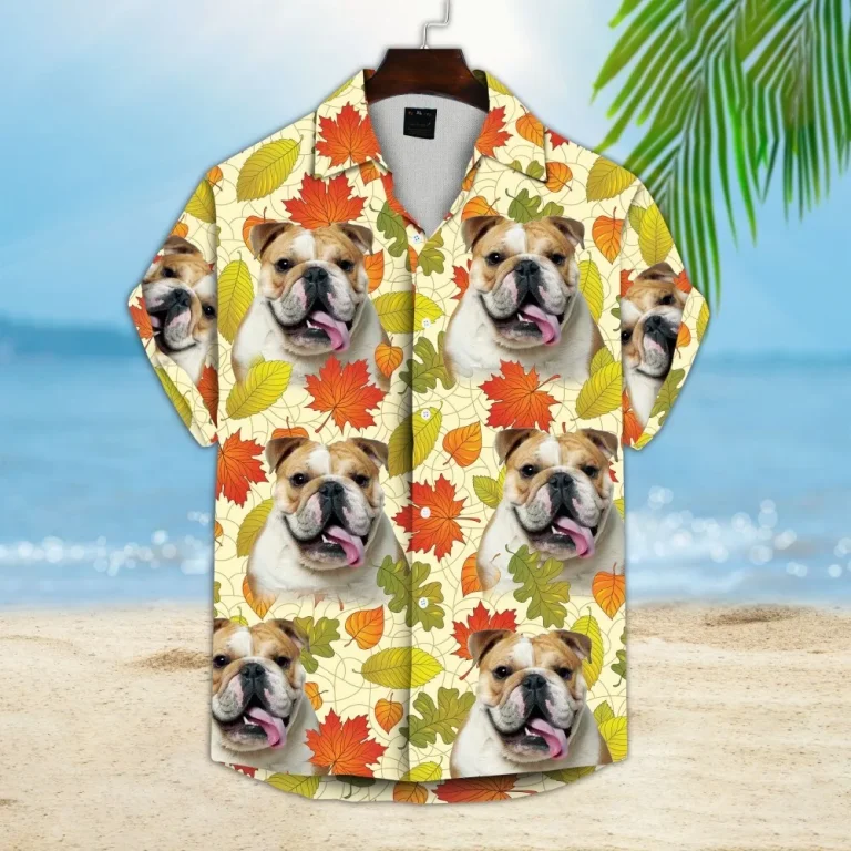 Custom Hawaiian Shirt With Pet Face, Personalized Gift For Pet Lovers, Leaves Pattern Cream Color Aloha Shirt