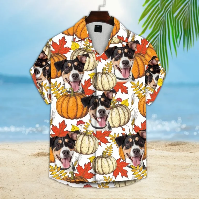 Custom Hawaiian Shirt With Pet Face, Personalized Gift For Pet Lovers, Leaves & Pumpkin Pattern White Color Aloha Shirt