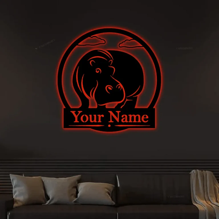 Hippo Metal Sign With Led Lights, Family Name, Monogram Letter, Letter Monogram, Custom Metal Sign, Wall Dangings, Wedding Gifts, Personalized Metal