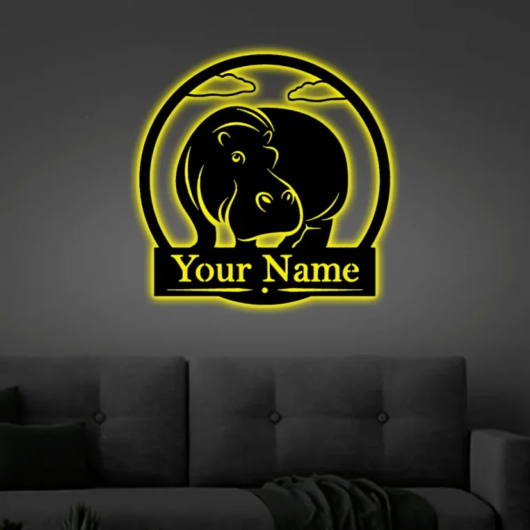 Hippo Metal Sign With Led Lights, Family Name, Monogram Letter, Letter Monogram, Custom Metal Sign, Wall Dangings, Wedding Gifts, Personalized Metal
