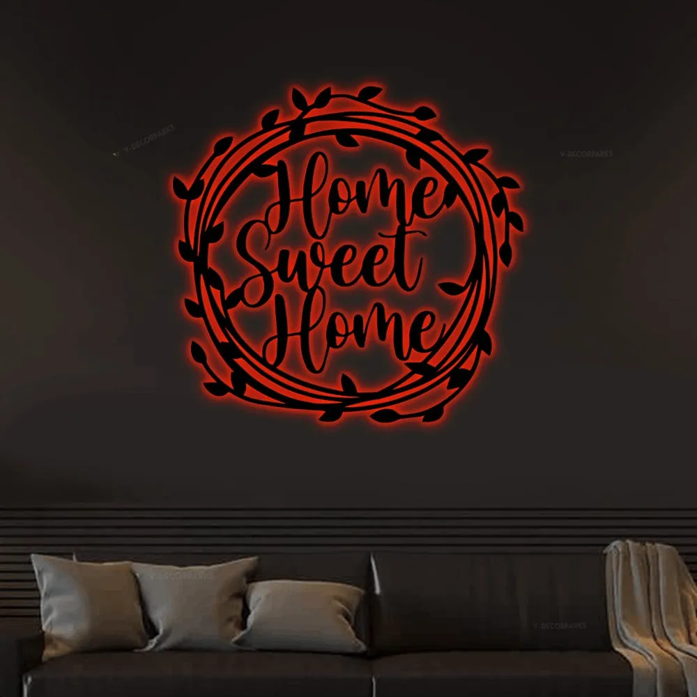 Home Sweet Home Sign With Led Lights, Home Sweet Home Wreath, Metal Decor, Living Room Decor, Housewarming Gift, Kitchen Decor, Entryway Decor