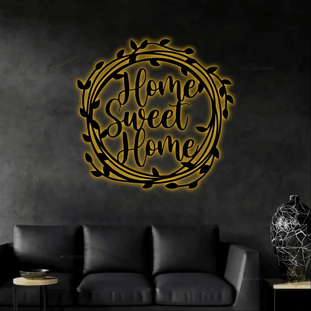 Home Sweet Home Sign With Led Lights, Home Sweet Home Wreath, Metal Decor, Living Room Decor, Housewarming Gift, Kitchen Decor, Entryway Decor