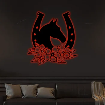 Horse Head Horseshoe With Led Lights- Metal Sign Horse, Metal Sign, Farmhouse Sign, Gifts, Horse Lover, Farm Sign, Gifts For Him, Barrel Racing