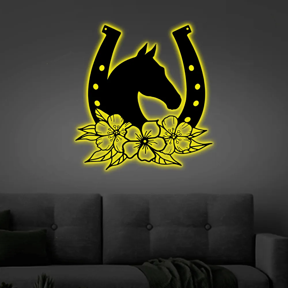 Horse Head Horseshoe With Led Lights- Metal Sign Horse, Metal Sign, Farmhouse Sign, Gifts, Horse Lover, Farm Sign, Gifts For Him, Barrel Racing