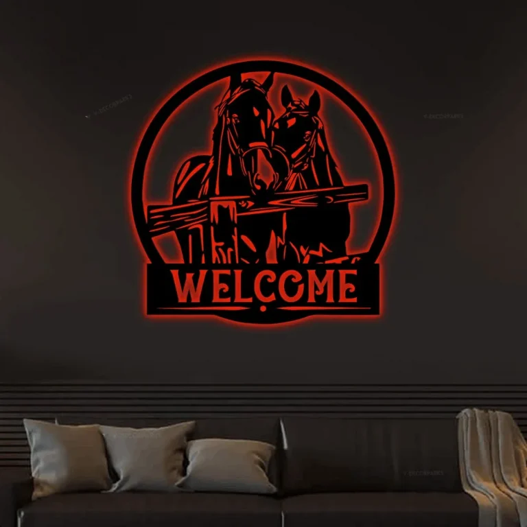 Horse Welcome Sign With Led Lights, Metal Horse Decor, Farm Welcome Sign, Horse With Fence Wall Art, Farmhouse Decor