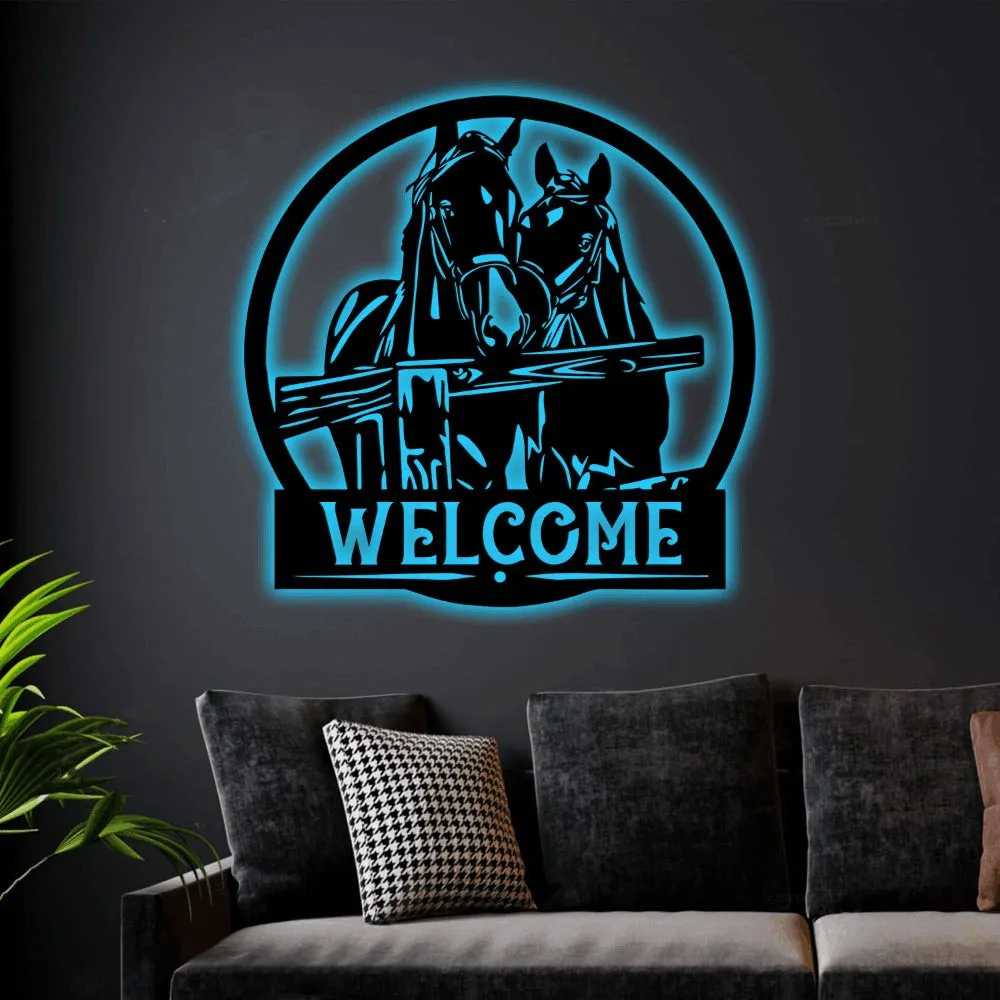 Horse Welcome Sign With Led Lights, Metal Horse Decor, Farm Welcome Sign, Horse With Fence Wall Art, Farmhouse Decor