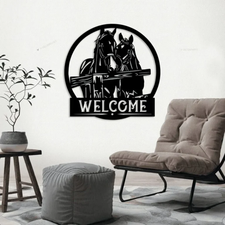 Horse Welcome Sign With Led Lights, Metal Horse Decor, Farm Welcome Sign, Horse With Fence Wall Art, Farmhouse Decor