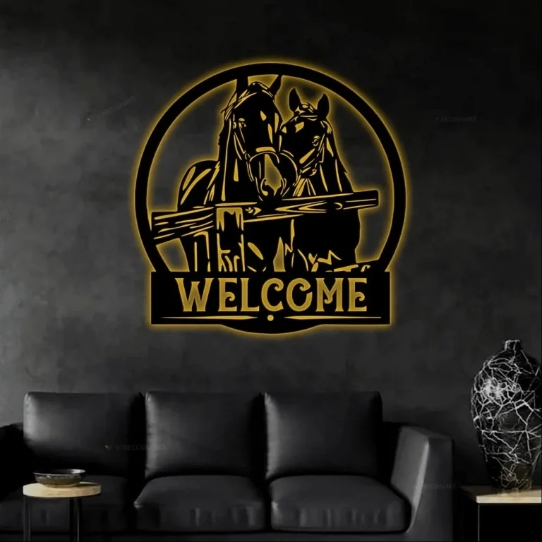 Horse Welcome Sign With Led Lights, Metal Horse Decor, Farm Welcome Sign, Horse With Fence Wall Art, Farmhouse Decor