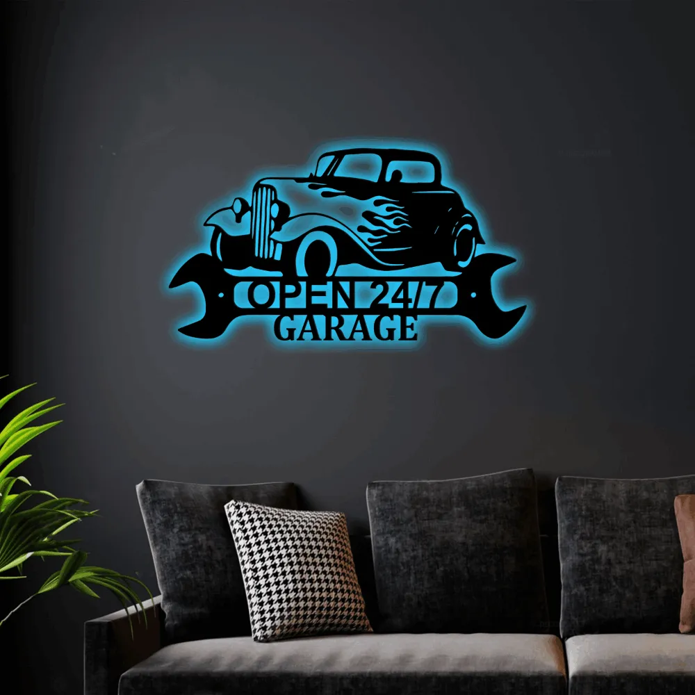 Hot Rod Shop Sign Workshop With Led Lights, Personalized Sign Trike Shop Wall Hanging Decor Steel Garage Tool Decor Gift For Garage Owner