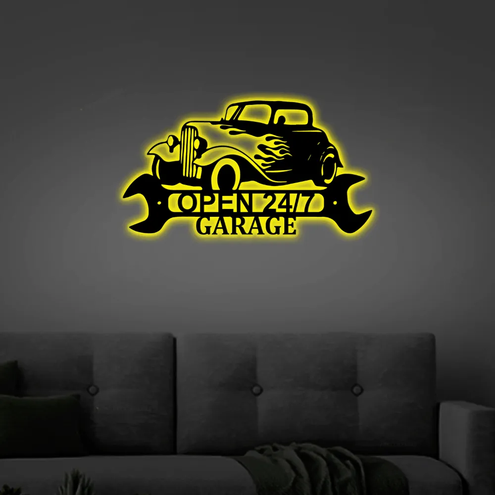 Hot Rod Shop Sign Workshop With Led Lights, Personalized Sign Trike Shop Wall Hanging Decor Steel Garage Tool Decor Gift For Garage Owner